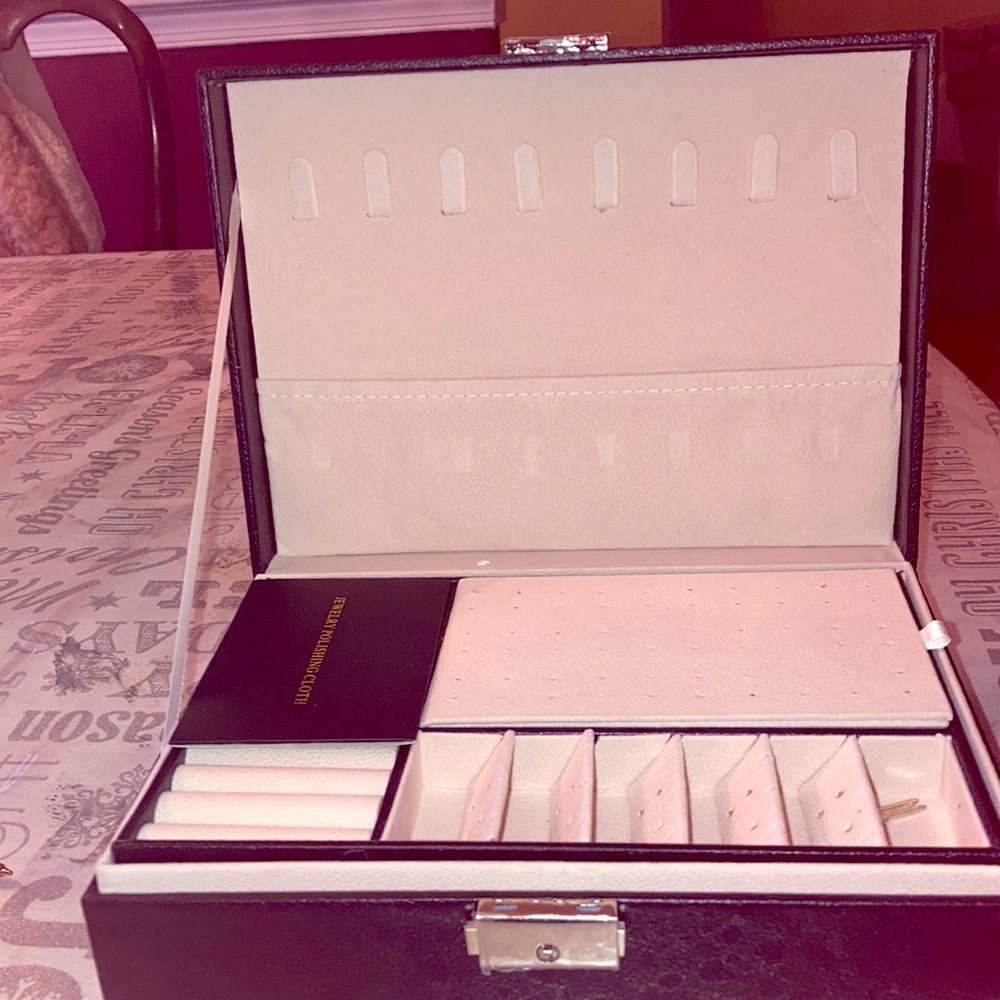 New Black Jewelry Box with Lock and Key and several compartments two layers